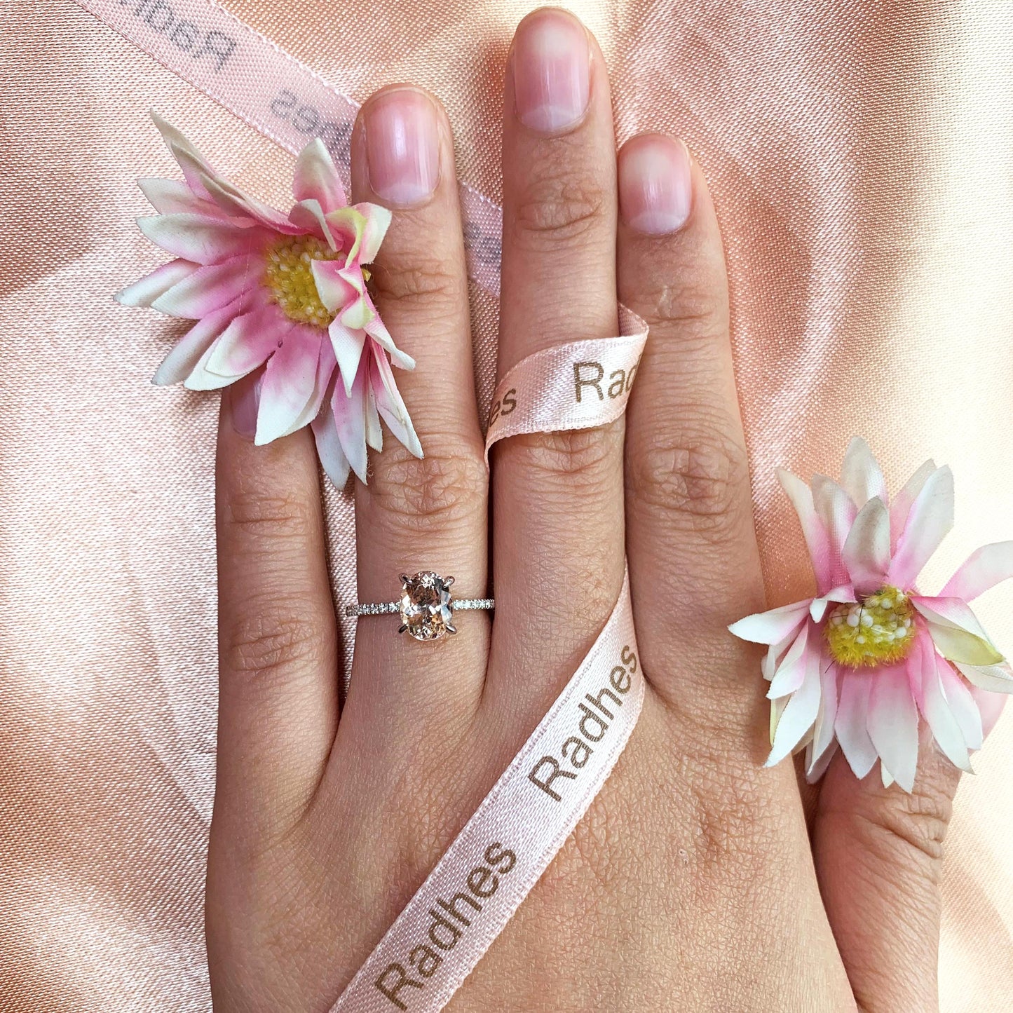 Vertical 1.25 carat Classic Oval cut Peach Pink Morganite Solitaire Engagement Ring in White Gold