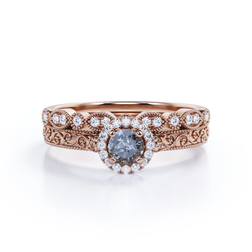 Authentic Filigree 0.75 carat Round cut Salt and pepper diamond and White diamond halo style wedding ring set in Rose gold