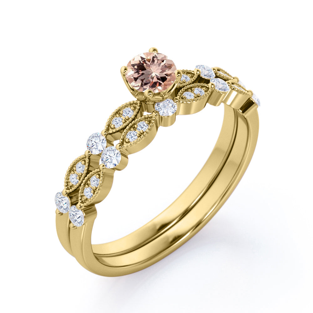 Vintage Antique Design 0.8 carat Round cut Pink Morganite and diamond bridal set for women in Yellow gold