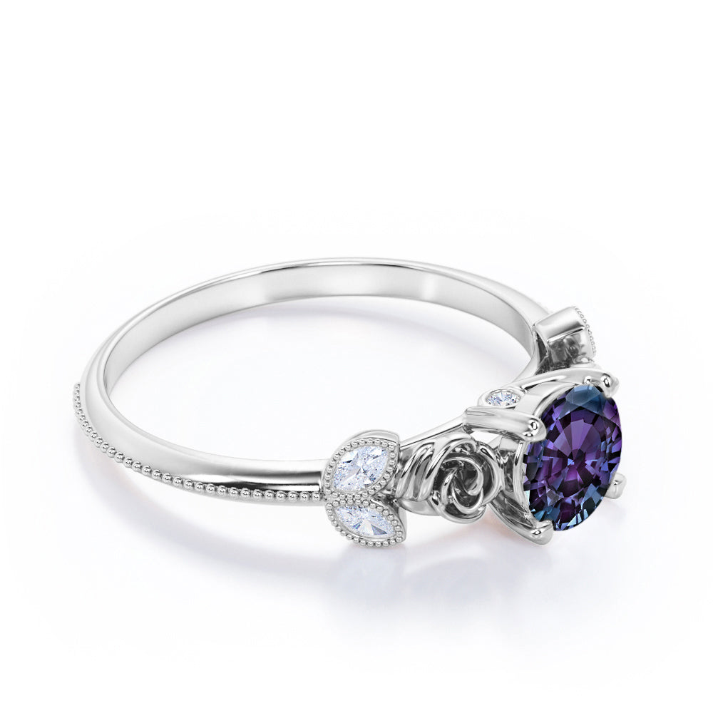 Vintage flowers 1.15 carat Round cut Lab created Alexandrite and diamond milgrain style engagement ring in White gold
