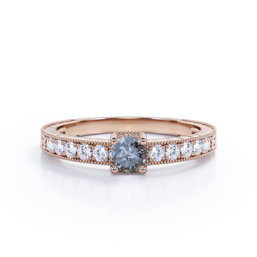 Art nouveau inspired 0.7 carat Round cut salt and pepper diamond and White diamond milgrain engagement ring in rose gold