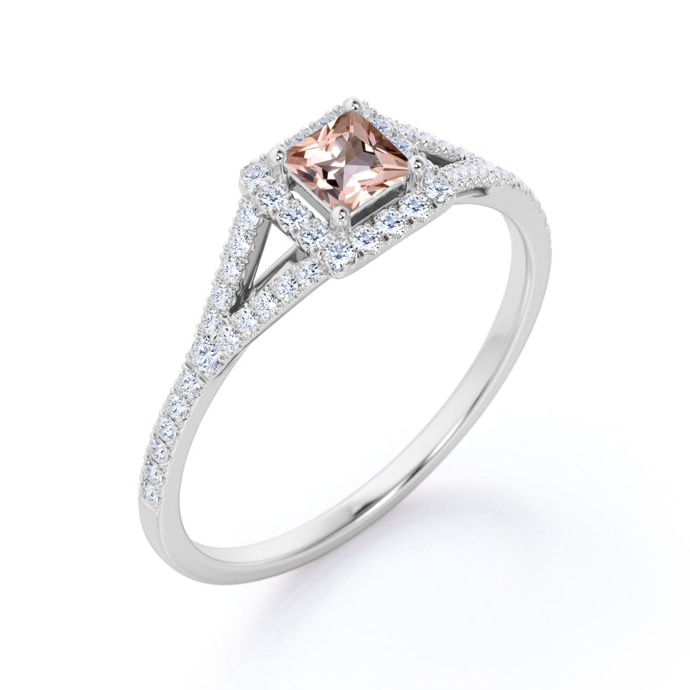 Pave shank 1 carat Princess cut Morganite and diamond eternity halo engagement ring in White gold