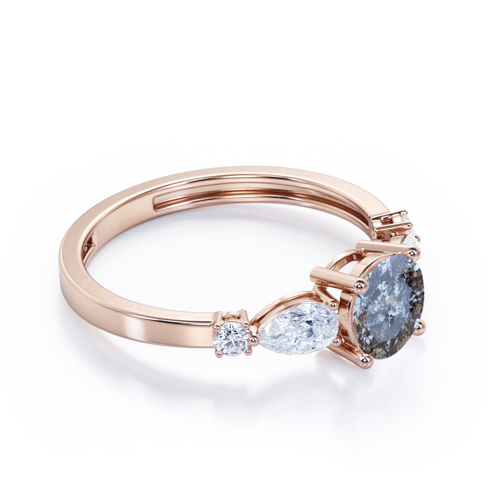 Fancy 5 stones 0.65 carat Round cut Salt and pepper diamond and White diamond wide shank engagement ring in rose gold