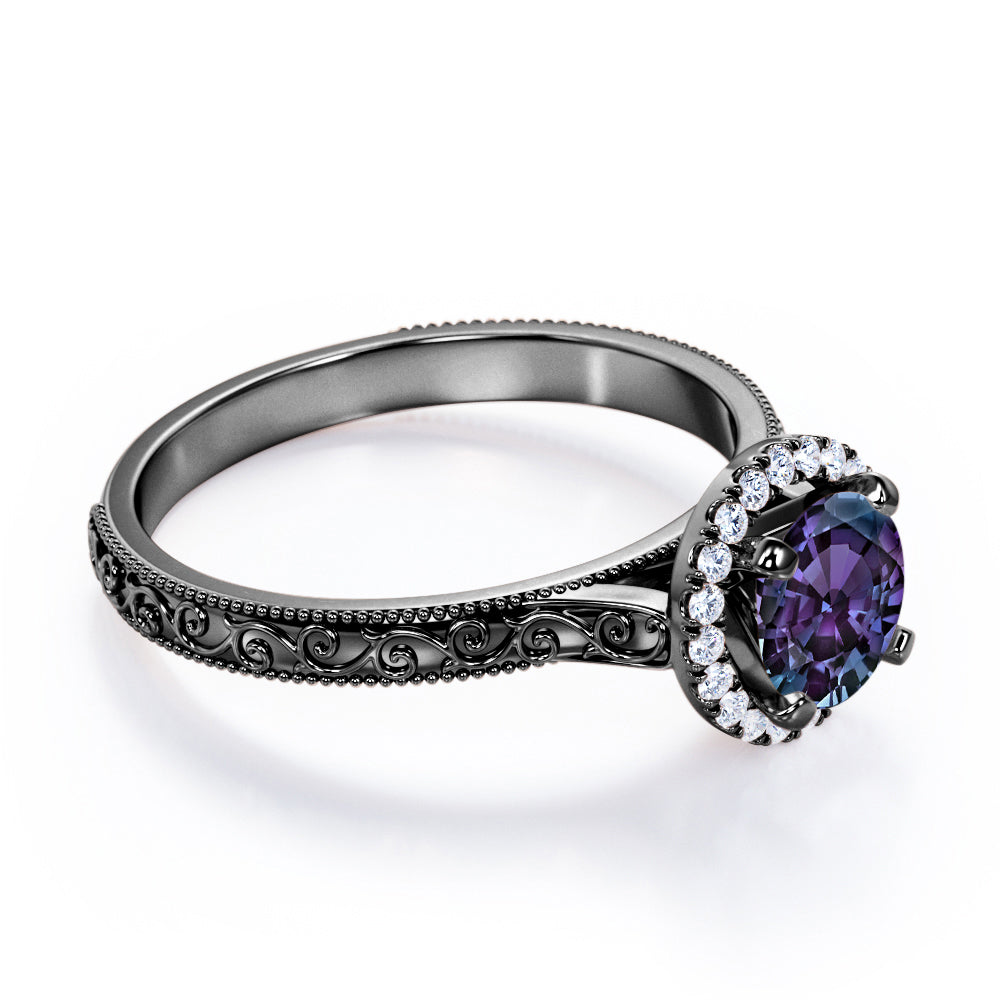 Artistic art deco 1.25 carat Round cut Alexandrite and diamond filigree and milgrain engagement ring in Black gold