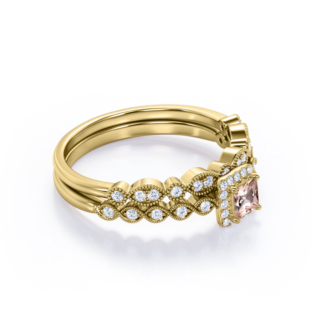 Vintage scalloped 1.25 carat Princess cut Peach Morganite and diamond antique bridal set for women in yellow gold