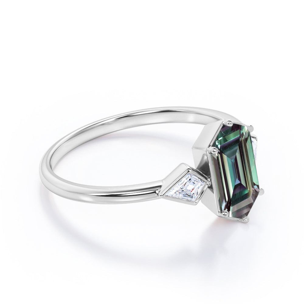 Trinity Bezels 1.1 carat Hexagon shaped Alexandrite and diamond engagement ring in Rose gold