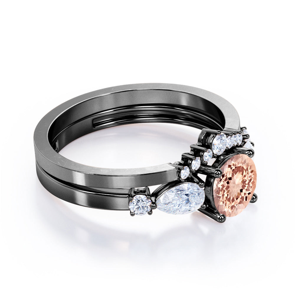 Modern Crown 1.35 carat Round cut Peach pink Morganite and diamond wedding ring set for her in Black gold