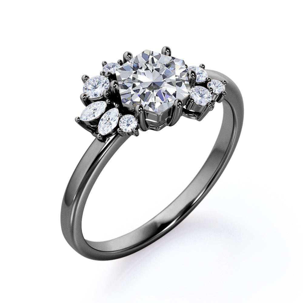 Floral art deco 1.15 carat Hexagon Shaped Moissanite and diamonds artisan engagement ring in Black gold