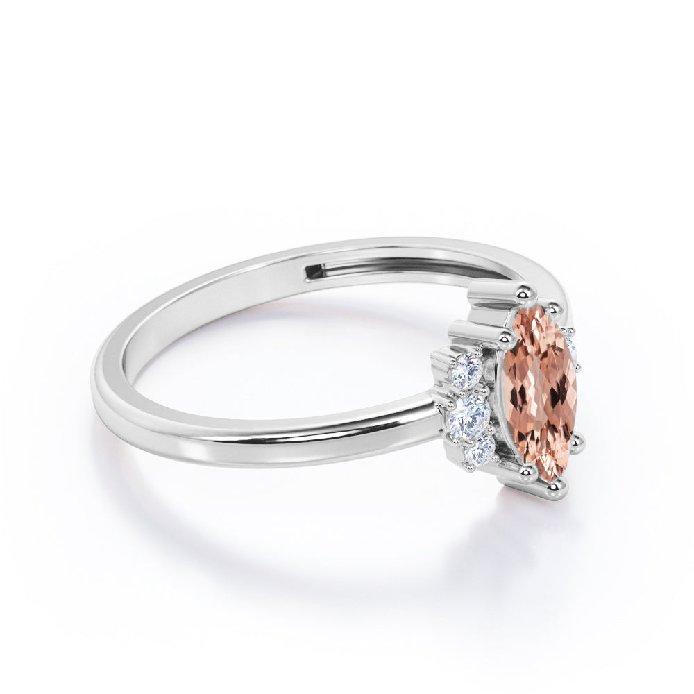 Butterfly style inspired 1.15 carat Marquise shaped Morganite and diamond floral engagement ring in White gold