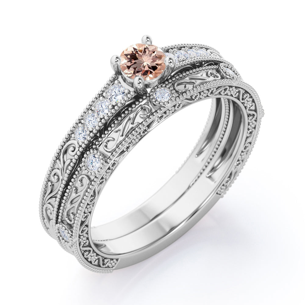 Antique Edwardian Décor 0.65 carat Round cut Peach pink Morganite and Diamond filigree and milgrain wedding ring set in White gold