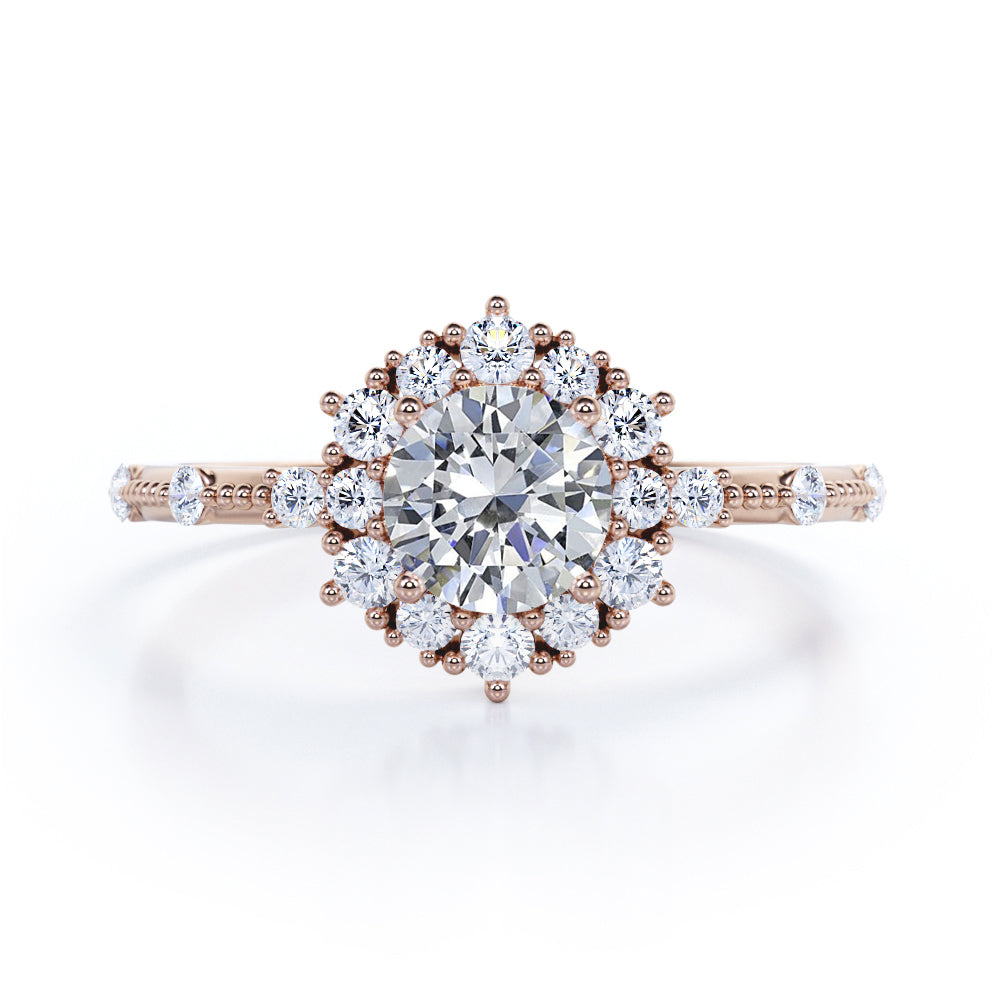 1.2 carat Round cut Moissanite and diamond Milgrain and halo engagement ring for women in rose gold