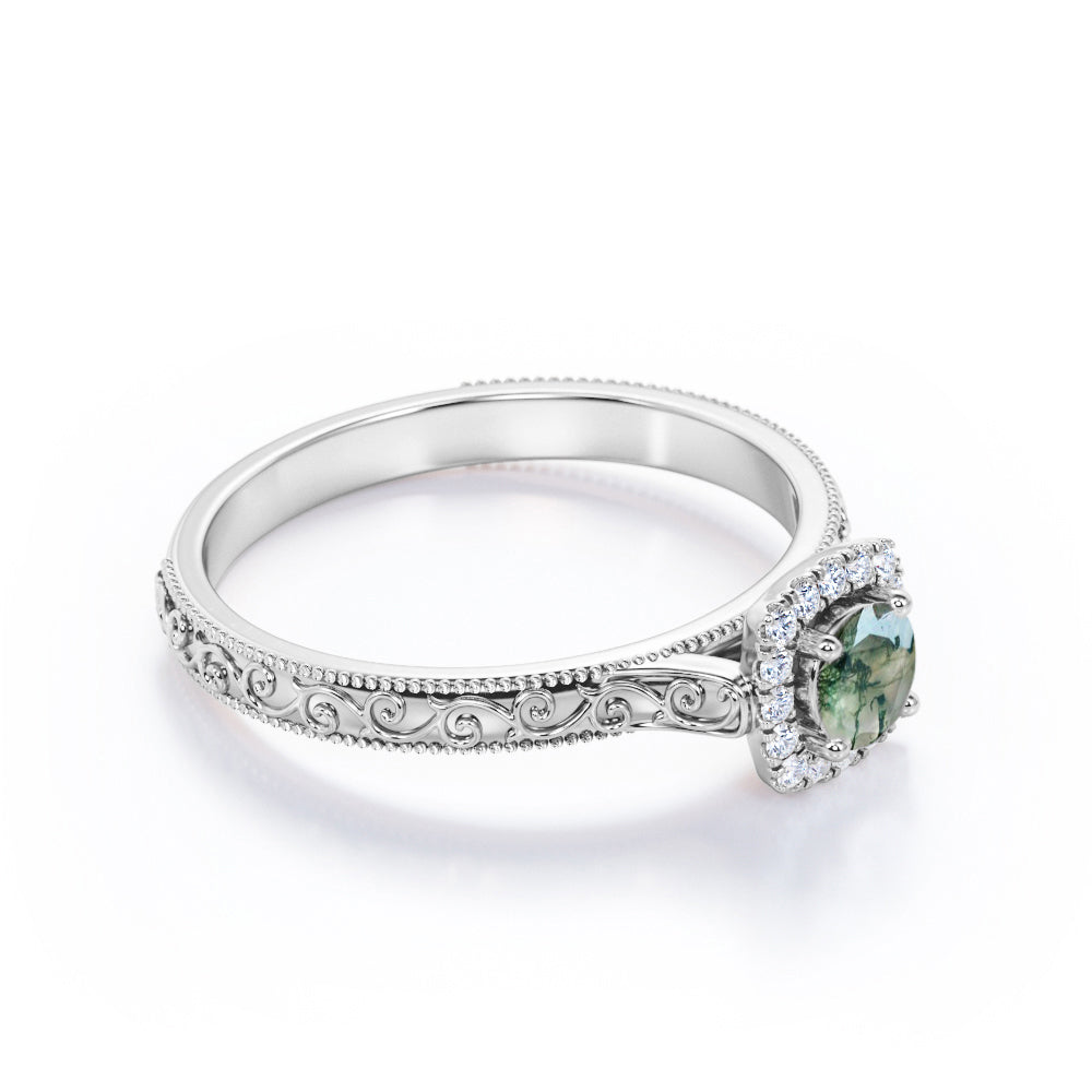 Vintage Victorian style 0.7 carat Round cut Moss green Agate and diamond milgrain halo engagement ring in White gold