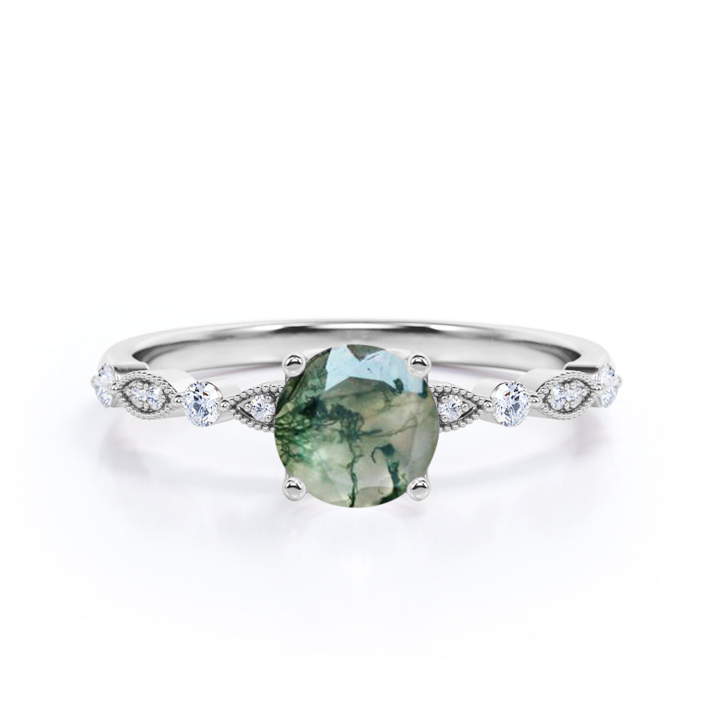 Classic art deco 1.1 carat Round cut Moss Green Agate and diamond engagement ring in White gold