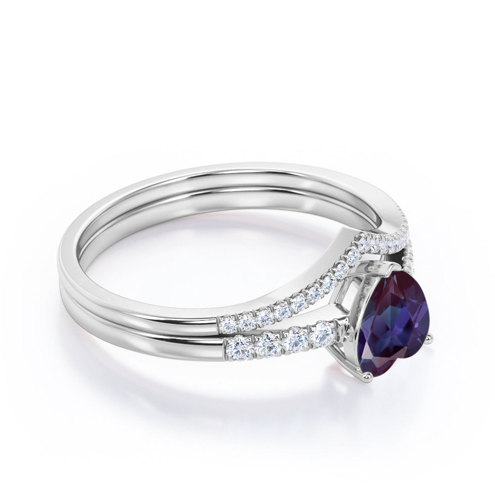 Authentic art deco 1.3 carat Heart shaped Lab Made Alexandrite and diamond contoured wedding ring set in Rose gold