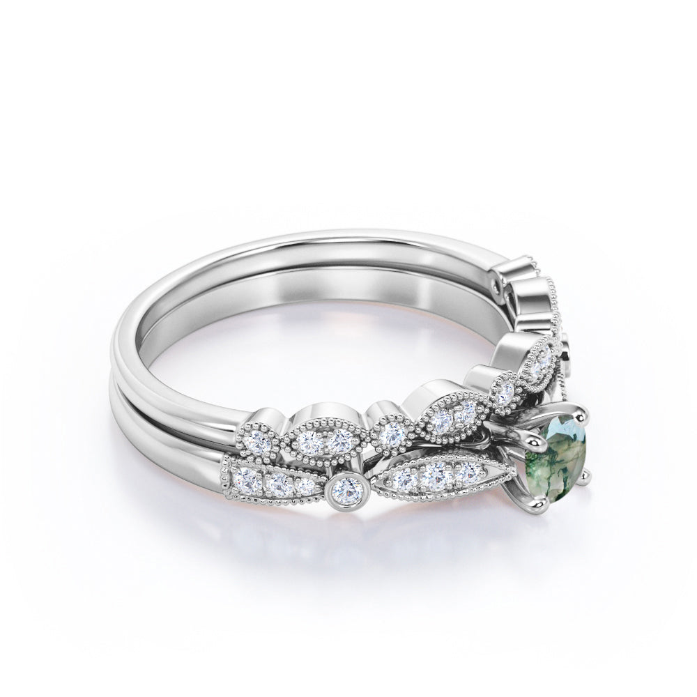Vintage Milgrain 1 carat Round cut Moss Green Agate and diamond-cathedral setting-Bridal wedding ring set for women in White gold