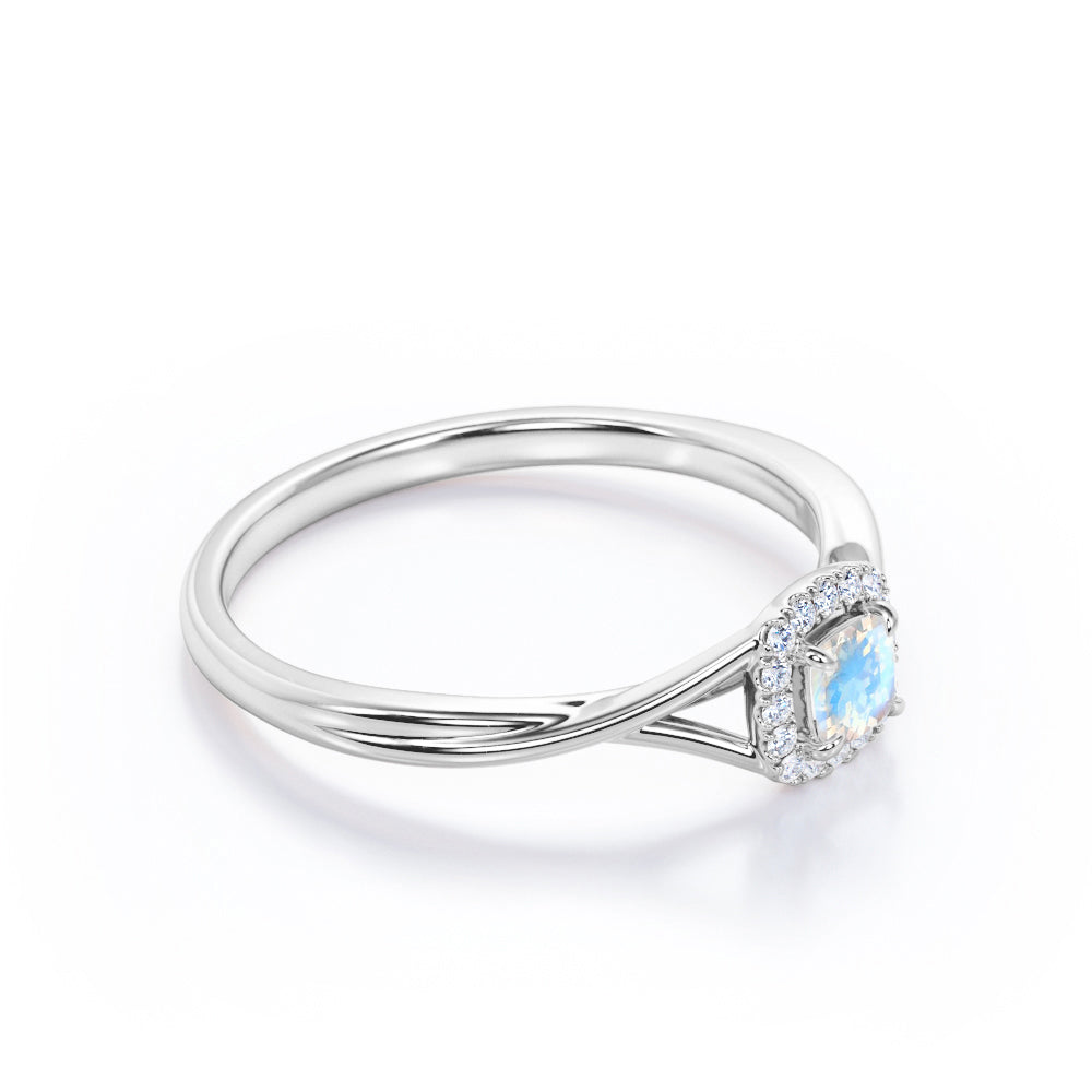 Minimal Twist Shank 0.75 carat Cushion Cut Blue Moonstone and diamond floral halo engagement ring in White gold