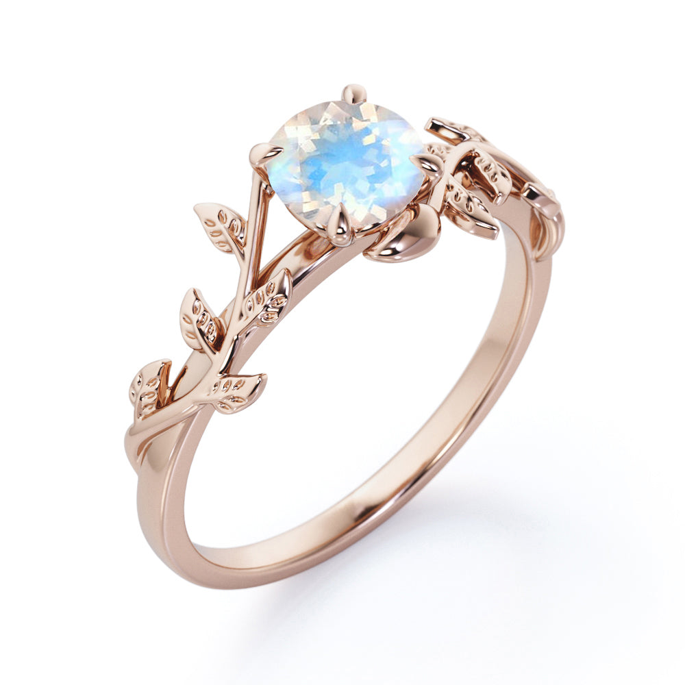 Classic Vine and lead 1 carat Round cut Brilliant Rainbow Moonstone earthy engagement ring in Rose gold