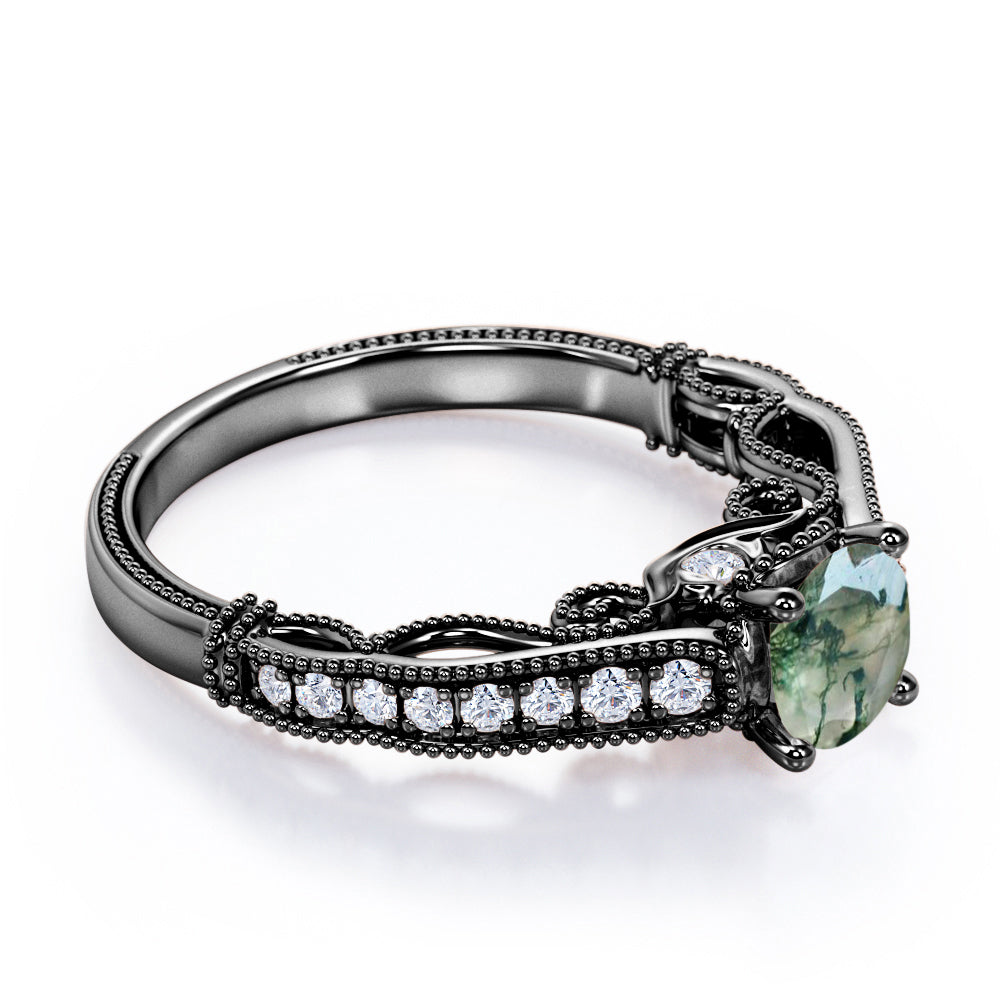 Victorian inspired filigree 1.25 carat Round cut Moss Green Agate and diamond milgrain engagement ring in Black gold