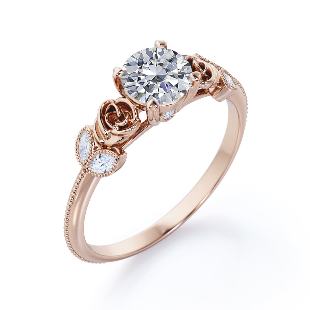Double roses 1.15 carat Round cut Moissanite and marquise diamonds 4 prong engagement ring in Rose gold