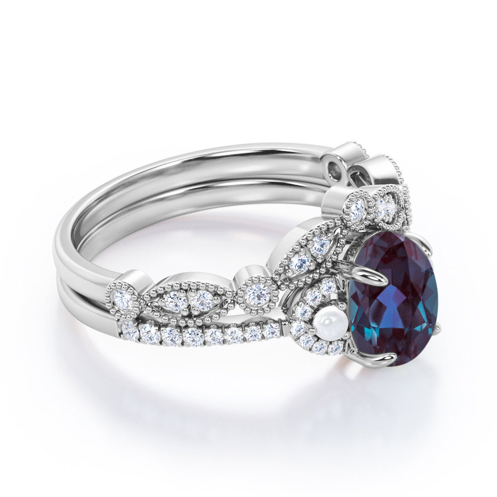 Vintage Milgrain 1.75 carat Oval cut Lab created Alexandrite, diamond and freshwater pearl wedding ring set in Rose gold