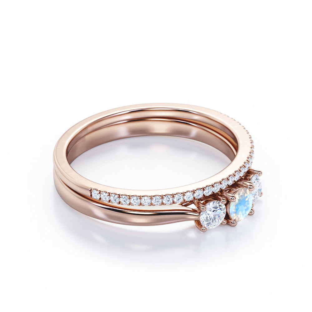 Elegant Trilogy 1.4 carat Round cut Rainbow Moonstone and diamond eternity wedding ring set for women in Rose gold