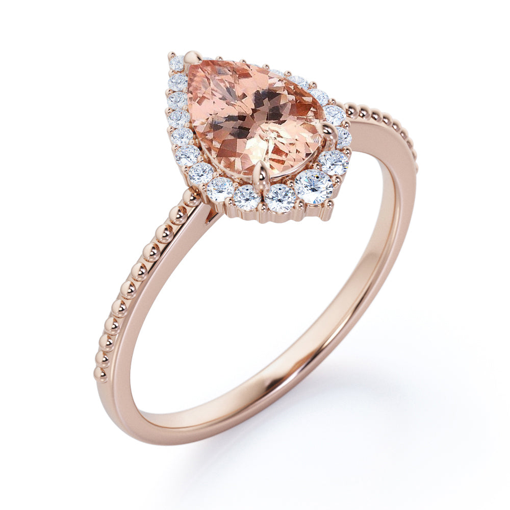 Eccentric Halo 1.25 carat Pear cut Morganite and diamond engraved vintage style engagement ring in Rose gold