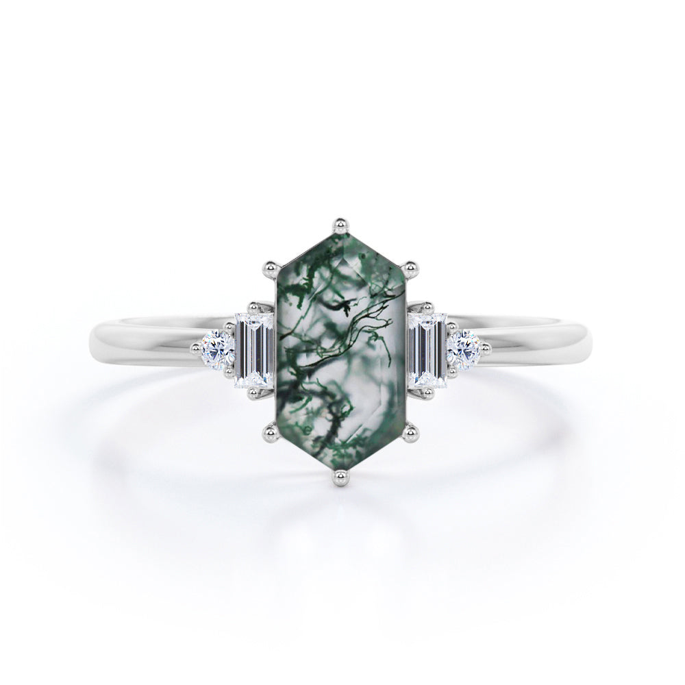 Eccentric 5 stones 1.1 carat Hexagon shaped Moss Green Agate and diamond anniversary ring in White gold