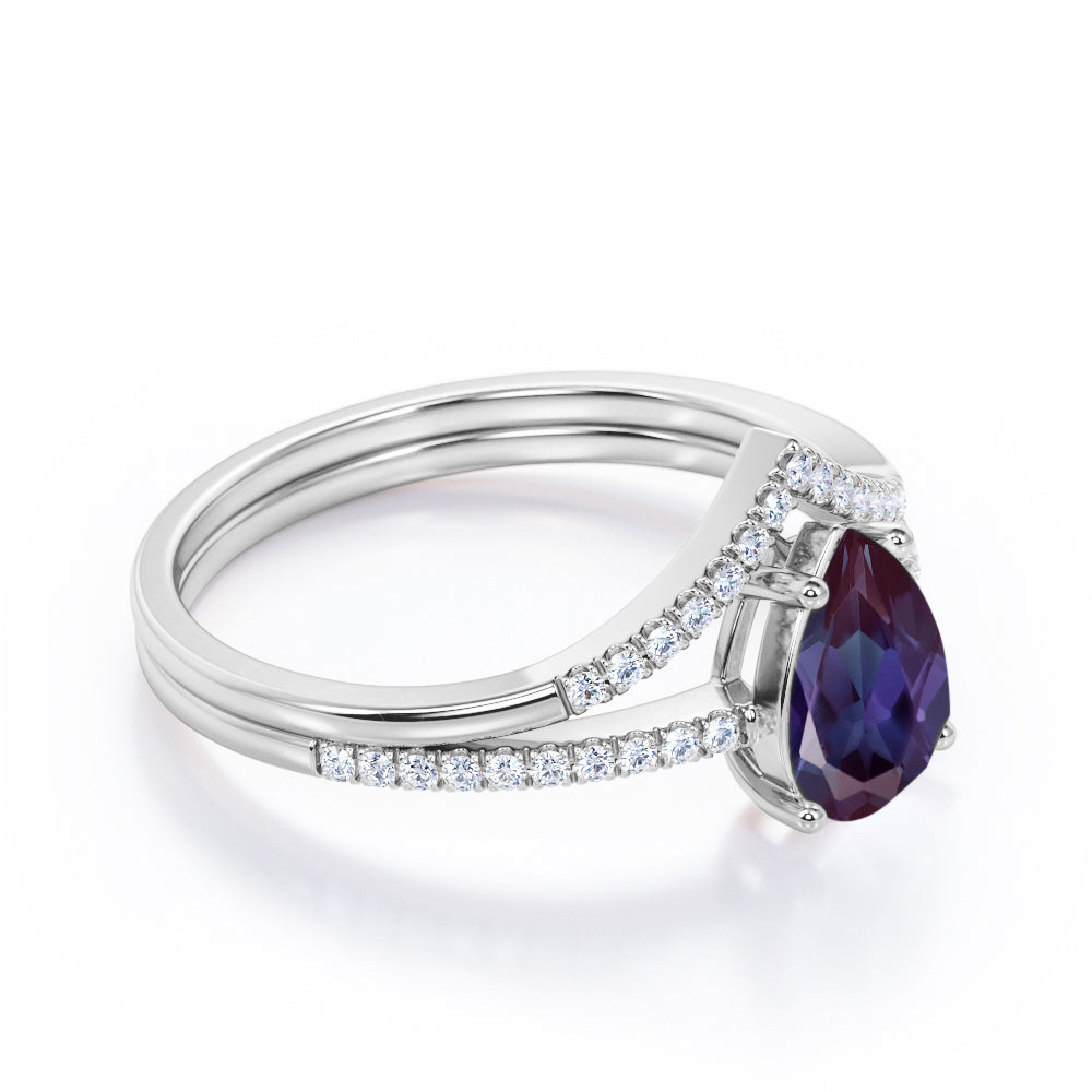 Simple Chevron 1.35 carat Pear shaped Lab created Alexandrite and diamond pave set wedding ring set in Black gold
