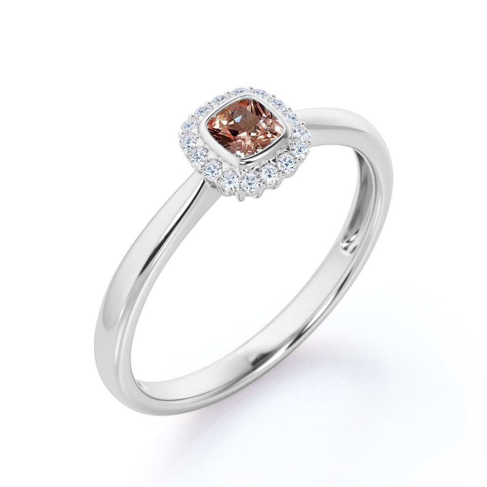 Pinched Shank setting 0.65 carat Cushion cut Morganite and diamond Floral halo engagement ring in White gold