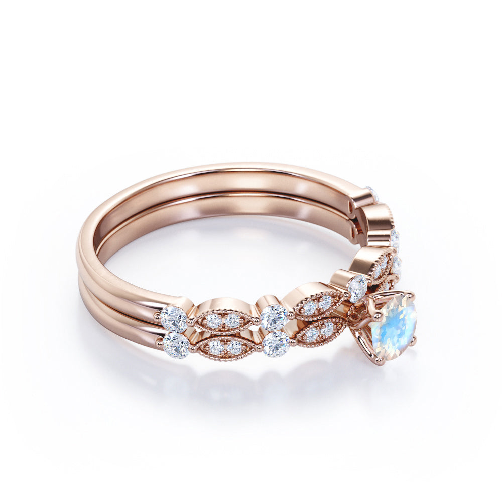 Classic Milgrain Bead style 0.85 carat Round cut Rainbow Moonstone and diamond engagement ring in Rose gold