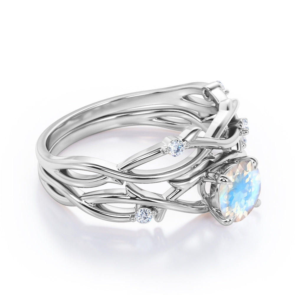 Eccentric nature inspired 1.15 carat Round cut Moonstone and diamond earthy Bridal set for women in White gold