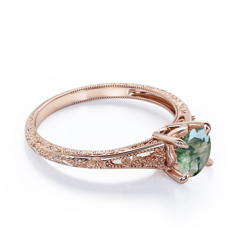 Milgrain Split Shank 1 carat Round cut Moss Green Agate-floral filigree-nature inspired engagement ring in Rose gold