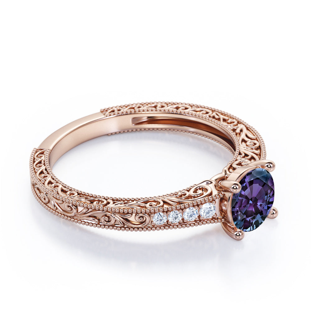 Floral filigree 1.1 carat Round cut Lab created Alexandrite and diamond channel set engagement ring in Rose gold