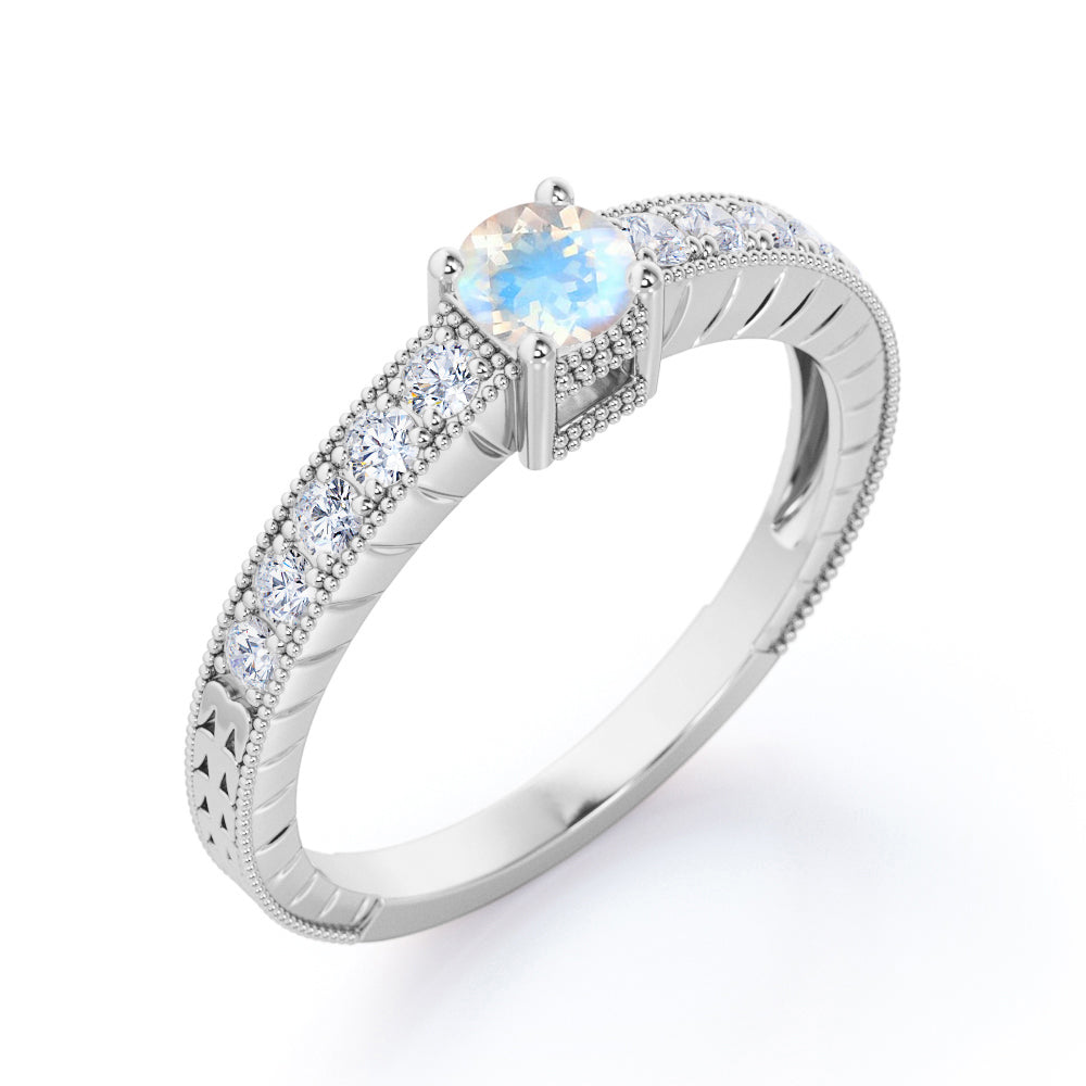 Vintage Beaded 1.25 carat Round cut Blue Moonstone and pave diamond Milgrain Edge Engagement ring in White gold