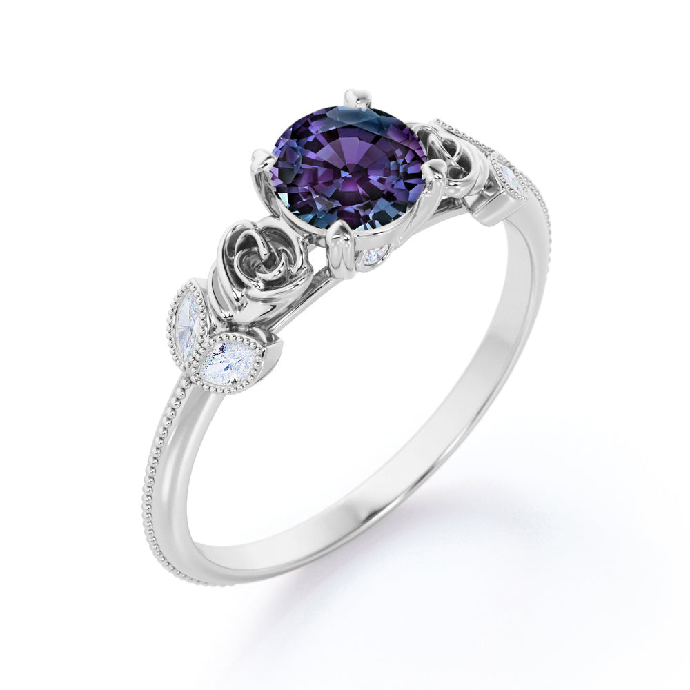 Vintage flowers 1.15 carat Round cut Lab created Alexandrite and diamond milgrain style engagement ring in White gold