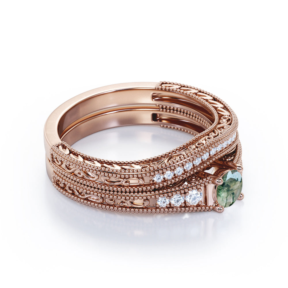 0.75 carat Round cut Moss Green Agate and diamond contoured filigree and milgrain Bridal ring set in Rose gold