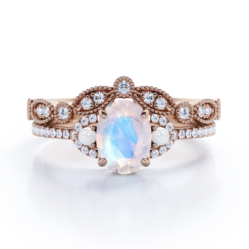 Chevron Milgrain 1.75 carat Oval cut Blue Moonstone, diamond and freshwater pearl wedding ring set for women in Rose gold