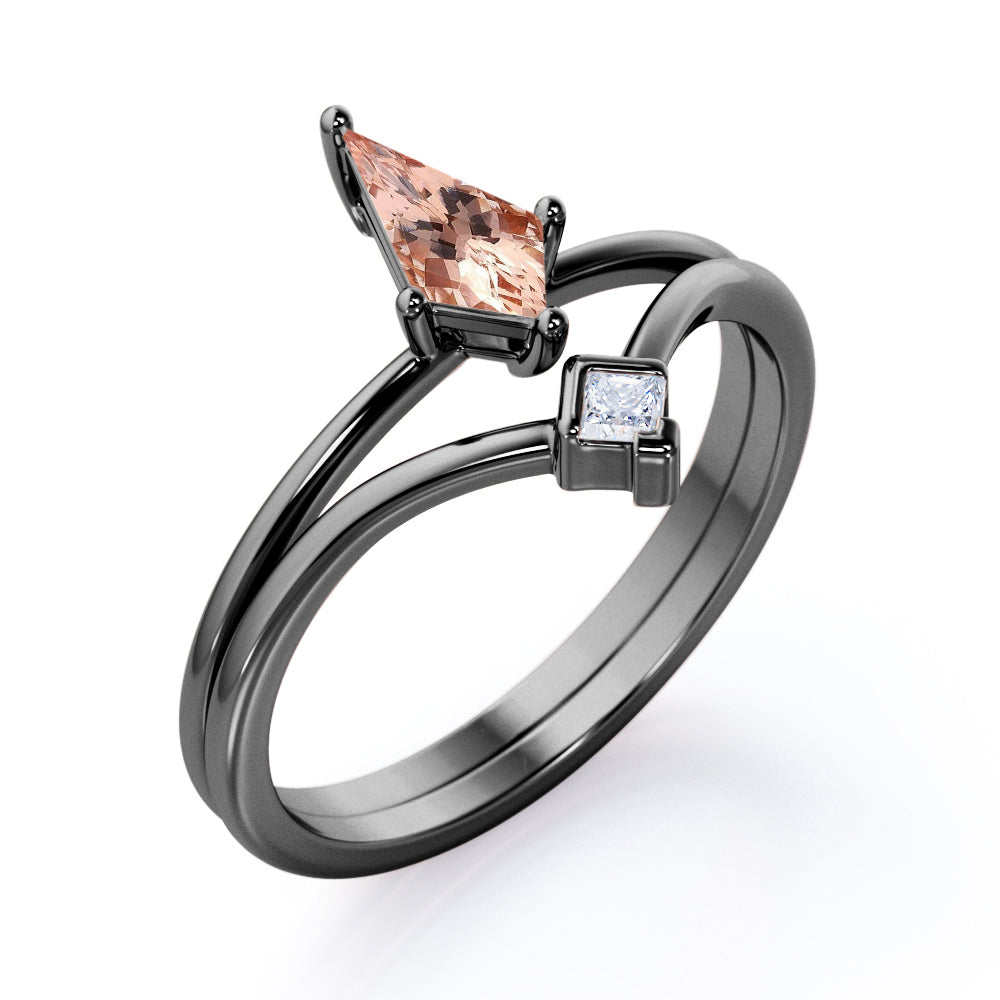 Double Layered 1 carat Kite shaped Morganite and diamond pointed chevron wedding ring set in Black gold