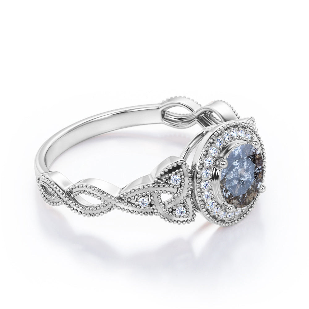 Twisted Vine inspired 0.75 carat Round cut Salt and pepper diamond and White diamond classic halo engagement ring in White gold