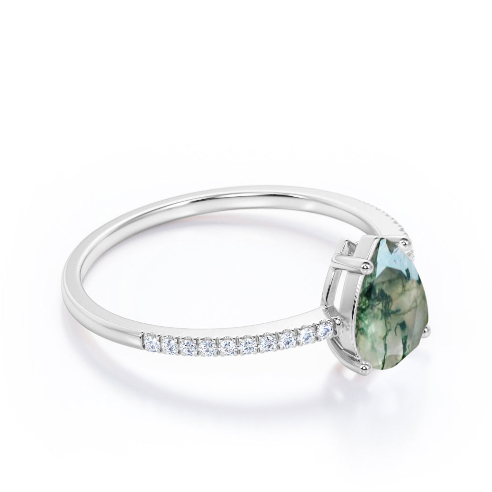 Simple Basket set 1.25 carat Pear shaped Moss Green Agate and diamond engagement ring in White gold