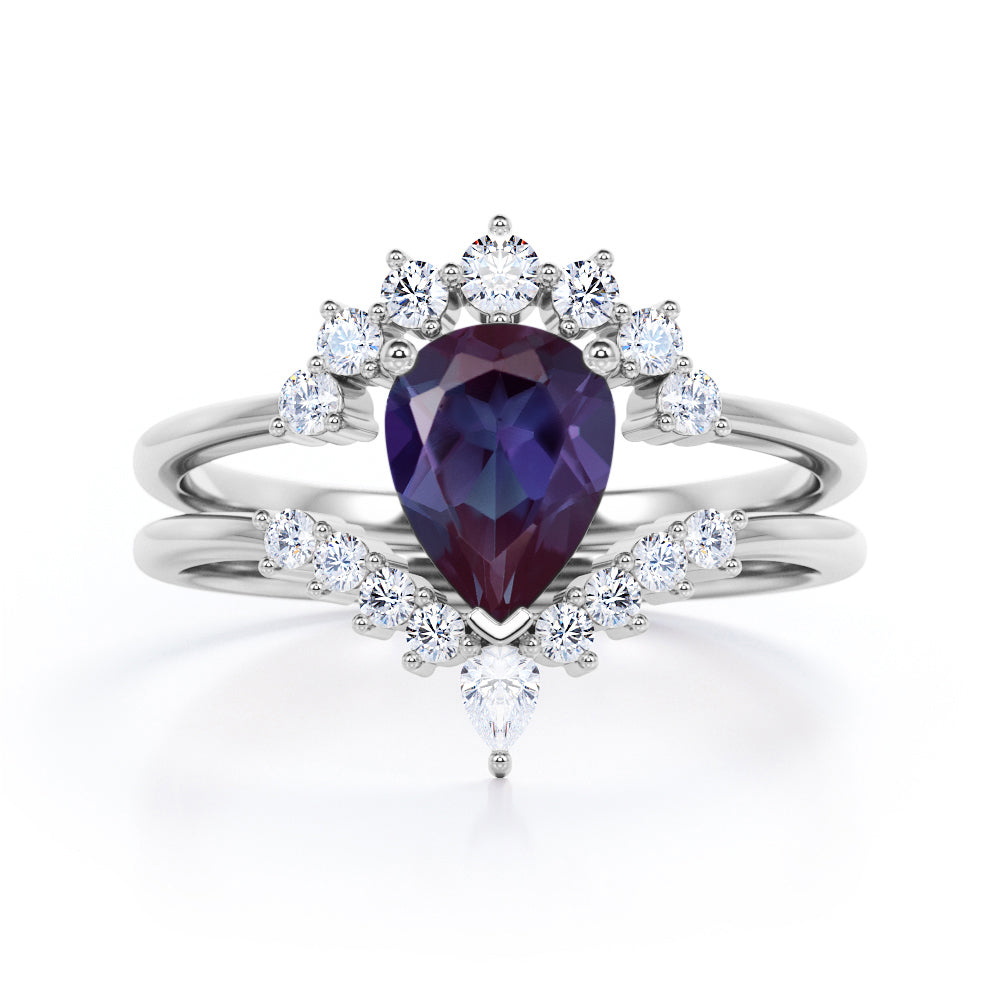 Elegant Vintage inspired 1.25 carat Pear shaped Lab made Alexandrite and diamond bridal set for women in Black gold