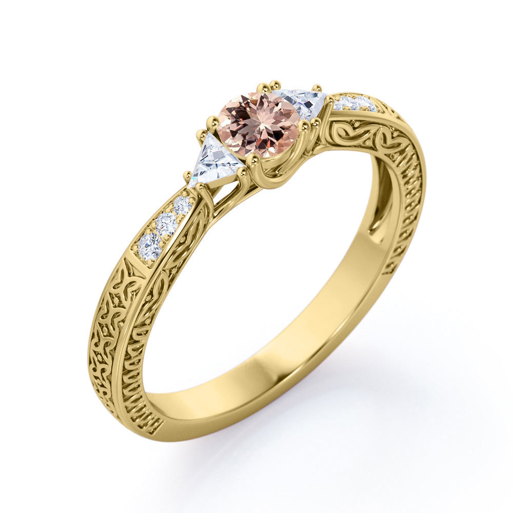 Trillion 0.75 carat Round cut Peach Morganite and diamond vintage baguette engagement ring in Yellow gold