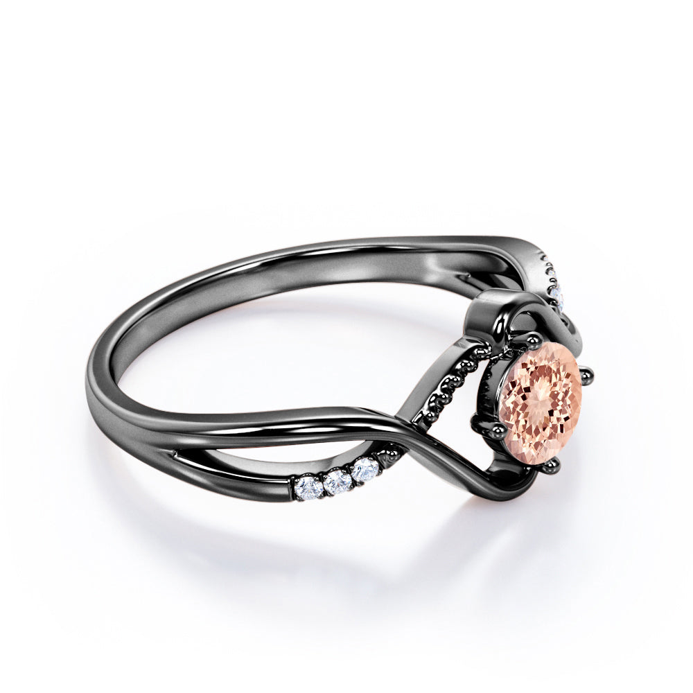 Infinity Twisted 1.15 carat Round cut Morganite and diamond Milgrain anniversary ring for women in Black gold