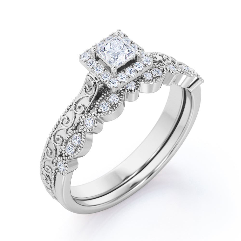 Filigree and Milgrain 1 carat Princess cut Moissanite and diamond antique art deco Bridal set in White gold