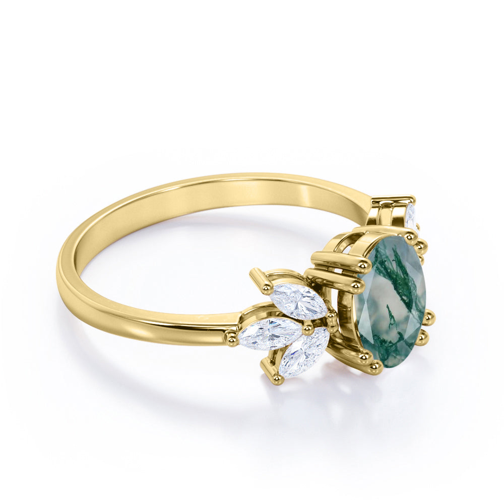 Double prong style 1.15 carat Oval cut Moss Green Agate and diamond seven stone engagement ring in yellow gold