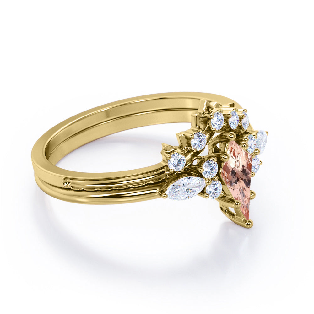 Chevron Triad 1.35 carat Kite shaped Peach Pink Morganite and diamond 7 stone Bridal set in Yellow gold