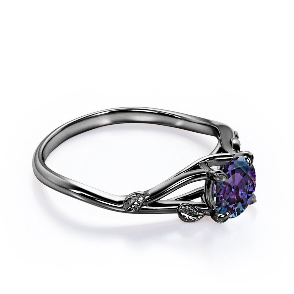 Nature inspired 1 carat Round cut Lab created Alexandrite vine split shank engagement ring in Black gold