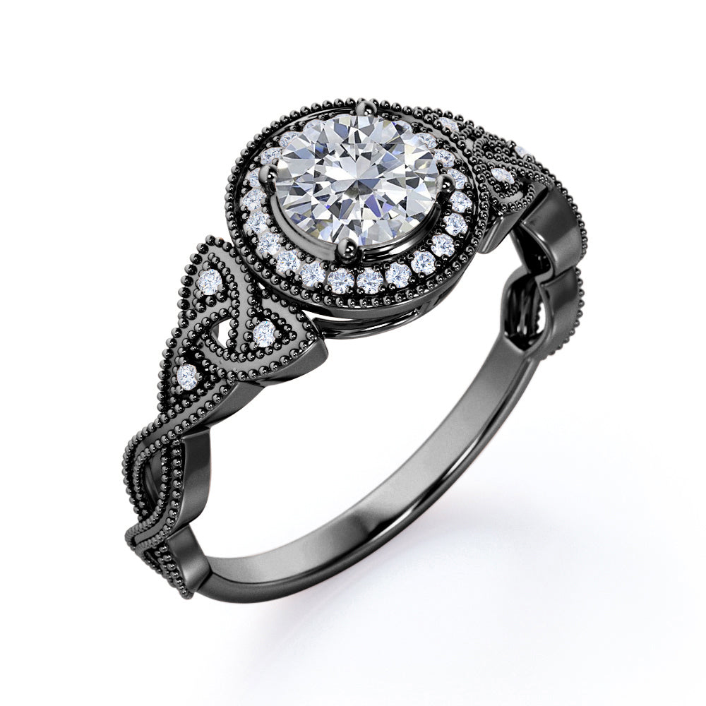 Twisted infinity 1.5 carat Round cut Moissanite and diamond vintage halo engagement ring in Black gold