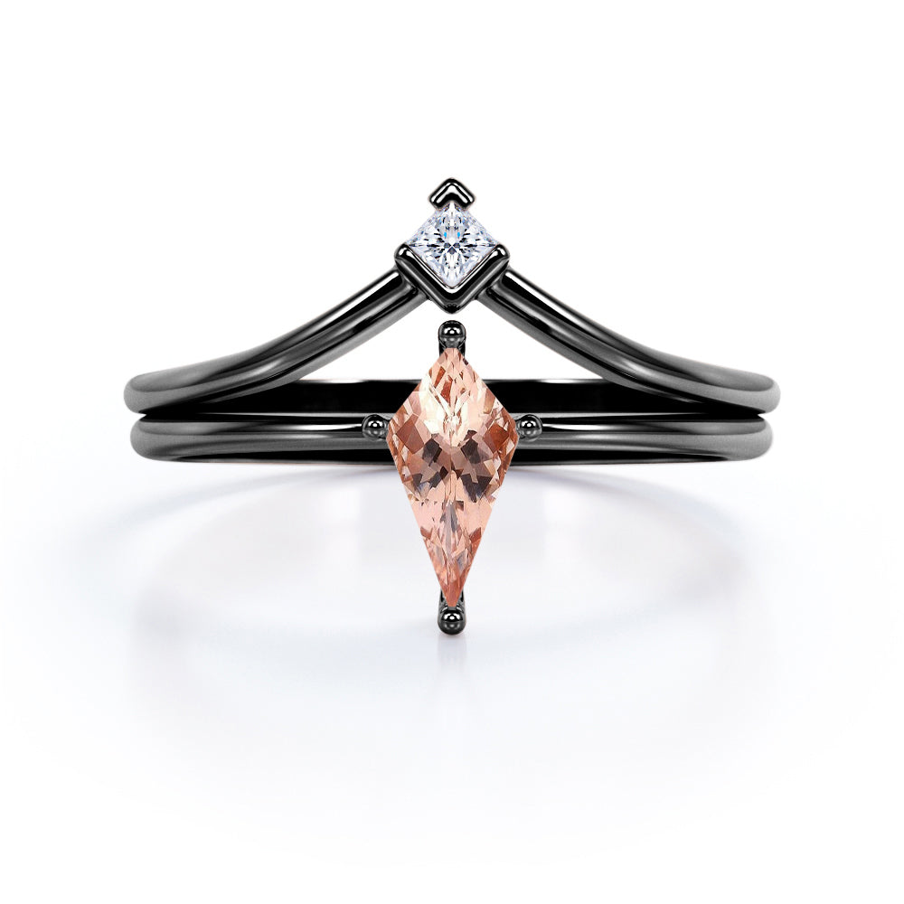 Double Layered 1 carat Kite shaped Morganite and diamond pointed chevron wedding ring set in Black gold