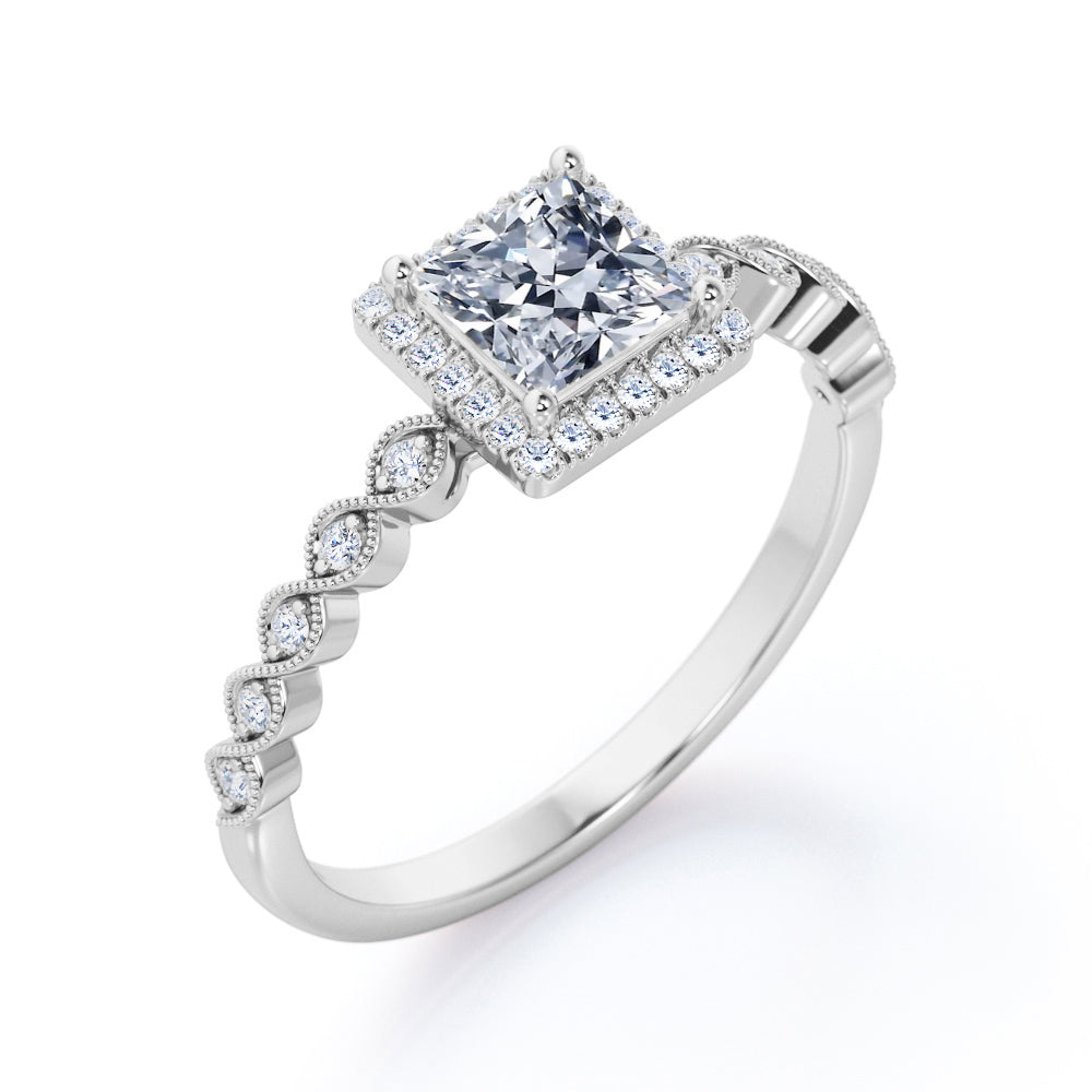 Princess Halo 1.35 carat square cut Moissanite and diamond vintage engagement ring in White gold